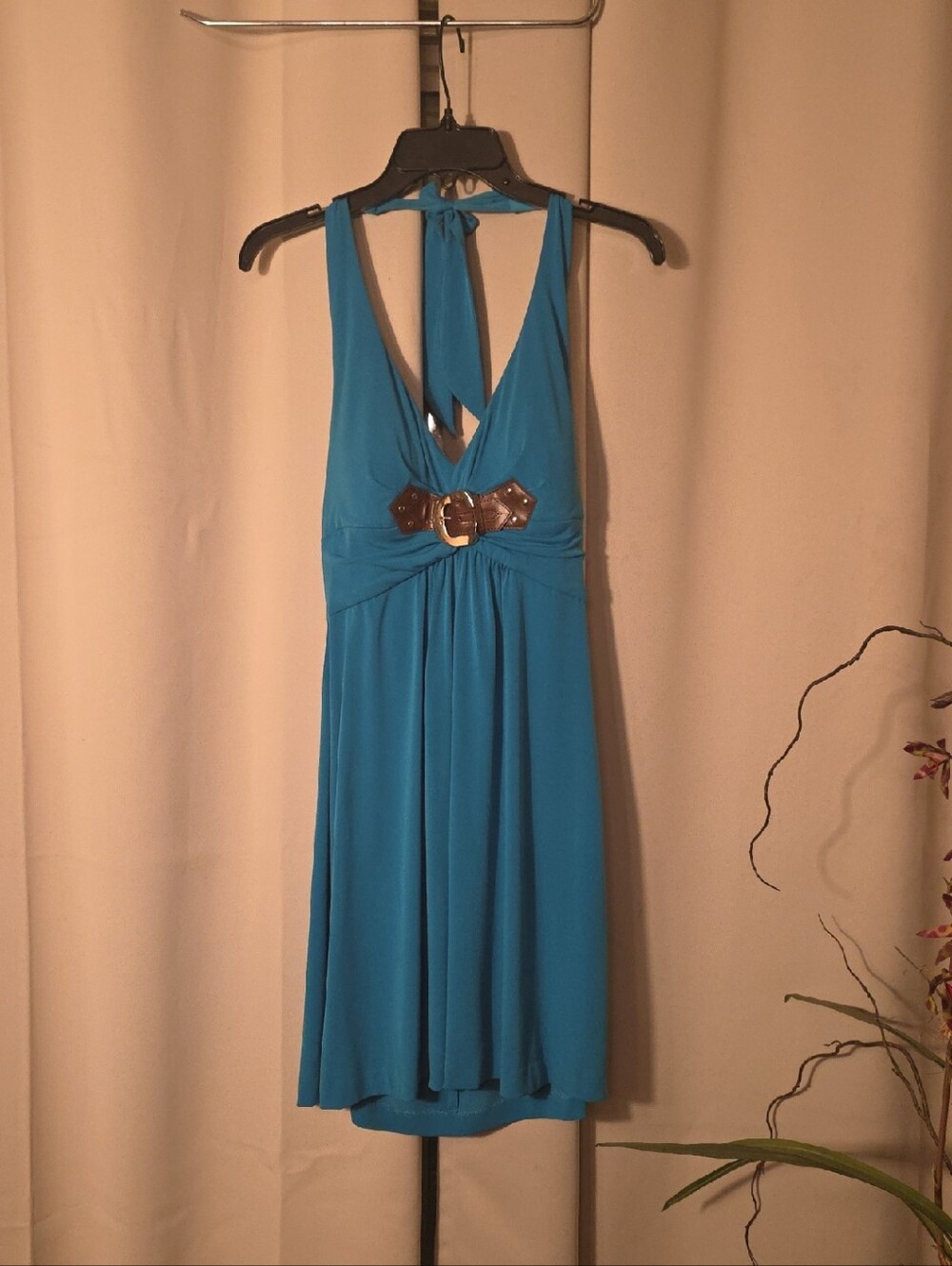 Cache Teal Halter Midi Dress with Brown Waist Buckle